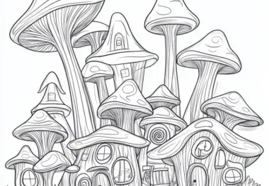 Willkommen in Pilzhausen: Ausmalbild mit einer Pilzstadt (Gratis)