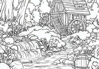 Verwunschene Wassermühle im Zauberwald: Malvorlage zum Herunterladen (Gratis)