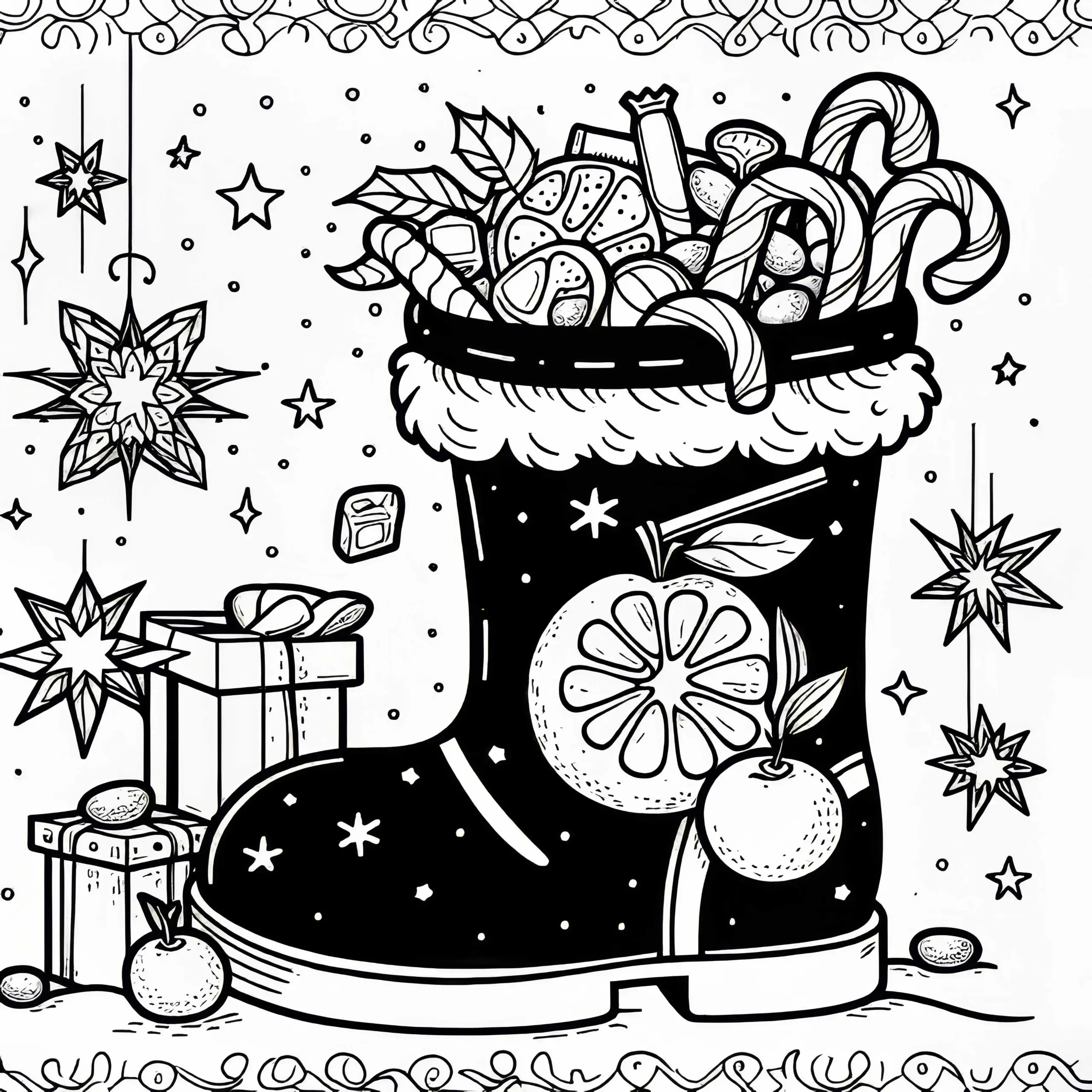 Nikolausstiefel mit Süßigkeiten: Kostenloses Adventskalender-Ausmalbild