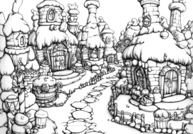 Verträumtes Winterdorf im Wunderland: Malvorlage zum Download (Gratis)