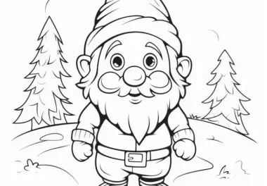 Gnom mit Bart und Mütze im Wald: Malvorlage zum Herunterladen (Kostenlos)