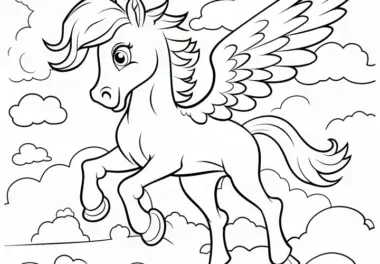 Pegasus fliegt über Wolken: Ausmalbild zum Download (Kostenlos)