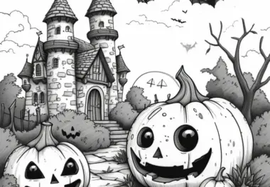 Fröhliche Halloween Kürbisse vor dem Geisterschloss: Ausmalbild (Kostenlos)