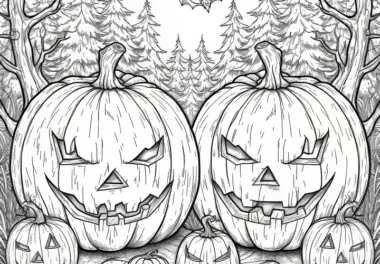Gruselige Halloween Kürbisse im Wald: Kostenlose Malvorlage