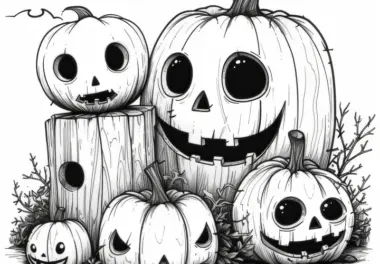 Gruselige Halloween Kürbisse auf Baumstamm: Malvorlage gratis zum Download