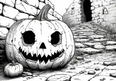 Halloween Kürbis in Burgruine: Malvorlage zum Herunterladen (Kostenlos)