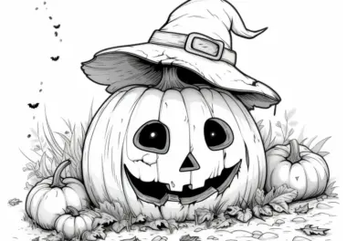 Halloween Kürbis mit Hexenhut: Ausmalbild zum Download (Gratis)