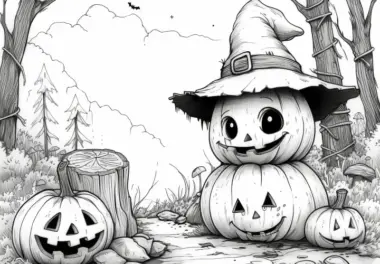 Halloween Kürbisse im Wald: Malvorlage zum Download (Kostenlos)