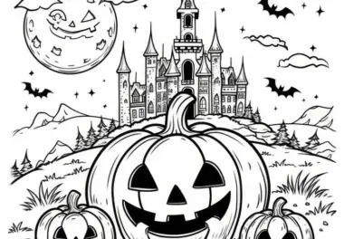 Halloween Kürbisse mit gruseligem Schloss: Malvorlage für Kinder (Gratis)