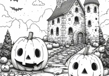 Halloween Kürbisse vor alter Burg: Kostenlose Malvorlage zum Download