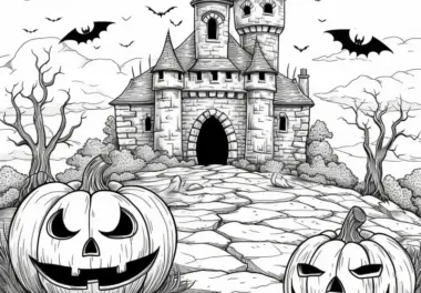 Halloween Kürbisse mit Fledermäusen vor einer Burg: Ausmalbild (Gratis)