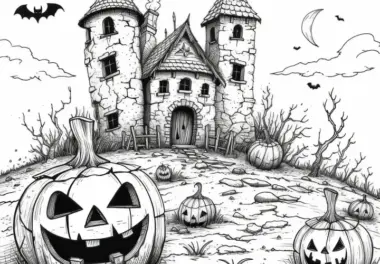 Halloween Kürbisse vor Geisterhaus: Malvorlage (Kostenlos)