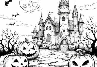Halloween Kürbisse vor Spukschloss: Malvorlage kostenlos zum Download