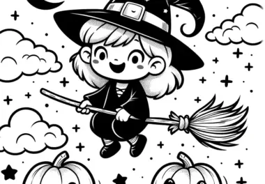 Hexe auf Besen mit Halloween Kürbisse: Malvorlage für Kinder (Gratis)