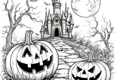 Lachende Halloween Kürbisse vor Gruselschloss als Ausmalbild (Kostenlos)