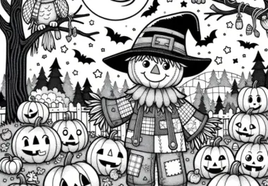 Vogelscheuche, Halloween Kürbisse und Eulen im Wald: Ausmalbild kostenlos
