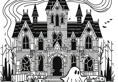 Halloween Kostüm Geist vor Spukschloss: Ausmalbild zum Download (Kostenlos)