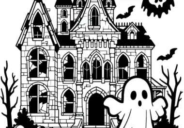 Halloween Kostüm Gespenst vor Geisterschloss: Malvorlage zum Herunterladen (Gratis)