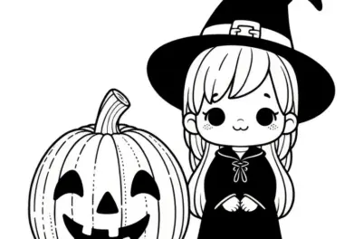 Halloween Kostüm Hexe mit Kürbis: Ausmalbild zum Download (Kostenlos)