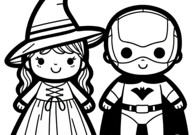Halloween Kostüm Hexe und Superheld: Einfache Malvorlage für Kinder (Gratis)