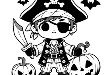 Halloween Kostüm Pirat mit Augenklappe und Kürbissen: Ausmalbild (Gratis)