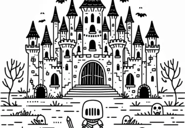 Halloween Kostüm Ritter vor geheimnisvollen Schloss: Ausmalbild (Gratis)