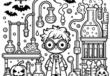 Halloween Kostüm verrückter Forscher: Malvorlage zum Herunterladen (Gratis)