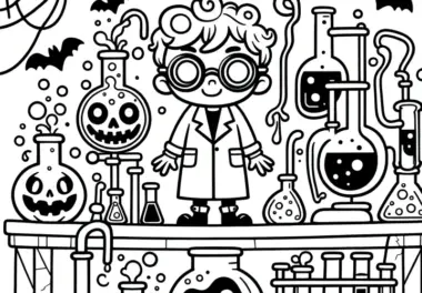 Halloween Kostüm verrückter Professor in Aktion: Ausmalbild (Kostenlos)