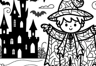 Halloween Kostüm: Zauberer vor Schloss als Ausmalbild (Kostenlos)