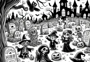 Friedhof Monsterparty: Halloween Ausmalbild zum Download (Gratis)