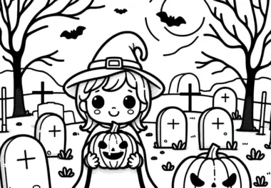 Hexe auf Friedhof: Halloween Bild zum Ausmalen (Gratis)