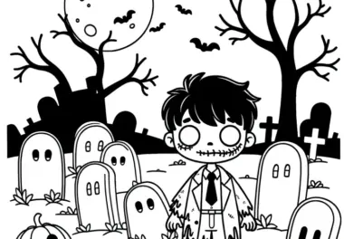 Monster auf Friedhof: Gruseliges Halloween Ausmalbild zum Download (Gratis)
