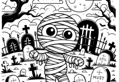 Mumie auf Friedhof: Halloween Bild zum Ausmalen (Gratis)