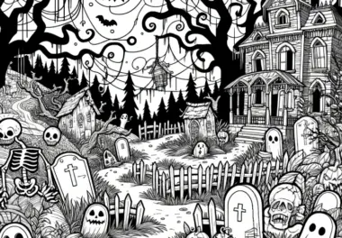 Schauriger Friedhof und Geisterhaus: Halloween Malvorlage zum Download (Kostenlos)