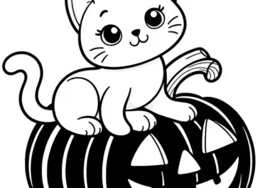 Katze sitz auf Kürbis: Halloween Malvorlage zum Download (Kostenlos)