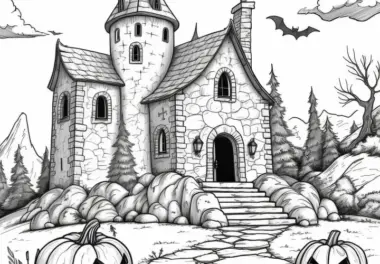 Altes Spukhaus mit Kürbissen: Halloween Malvorlage zum Download (Gratis)