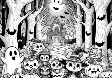 Dunkler Wald, Gespenst und Kürbisse: Halloween Bild zum Ausmalen (Kostenlos)