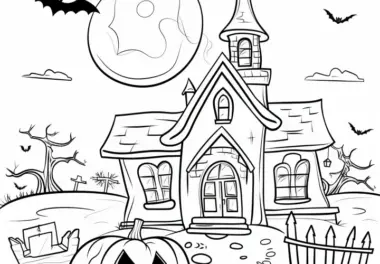 Geisterhaus mit Fledermäusen: Einfache Halloween Malvorlage (Kostenlos)