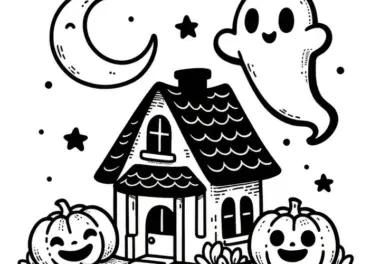 Kleines Geisterhaus mit Mond und Gespenst: Einfaches Halloween Ausmalbild (Gratis)