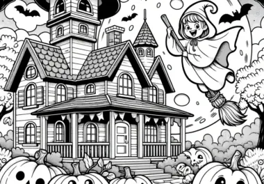 Geisterhaus, Hexe, Mond und Kürbisse: Halloween Bild zum Ausmalen (Gratis)