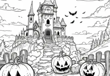 Geisterschloss mit Kürbissen: Halloween Ausmalbild (Gratis)