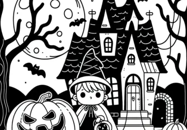 Spukhaus mit gruseligem Kürbis: Einfache Halloween Malvorlage (Kostenlos)