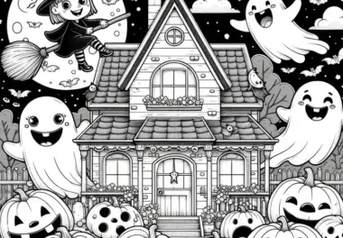 Spukhaus, Hexe, Geister und Kürbisse: Halloween Bild zum Ausmalen (Kostenlos)