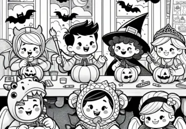 Grundschule mit Kindern und Kürbissen: Halloween-Party Ausmalbild (Kostenlos)