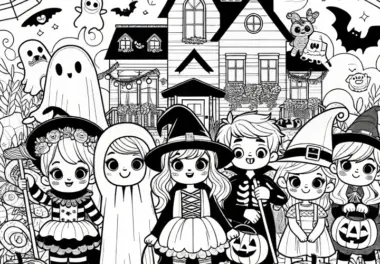 Fröhliche Halloween-Feier mit schaurigen Gestalten: Ausmalbild zum Download (Gratis)