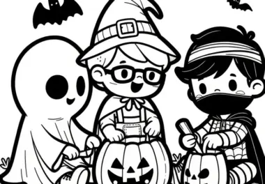 Einfaches Ausmalbild: Halloween-Party mit lustigen Figuren (Kostenlos)