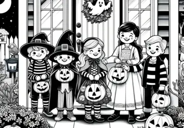 Halloween-Party einer Familie vor dem Haus: Ausmalbild kostenlos zum Download