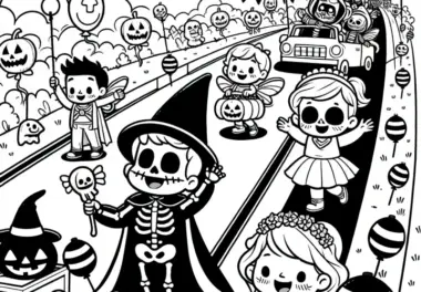 Fröhlicher Halloween-Umzug mit Kindern: Kostenlose Malvorlage