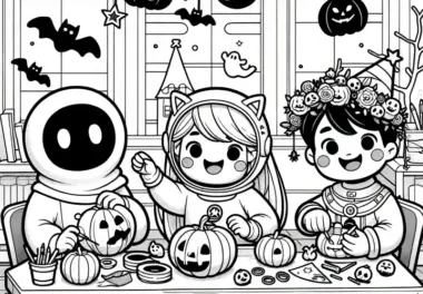 Fröhliche Kinder schnitzen Kürbisse für Halloween-Fest: Kostenloses Ausmalbild