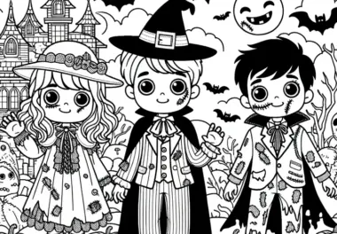 Verkleidete Kinder feiern Halloween: Bild zum Ausdrucken und Online Ausmalen (Gratis)